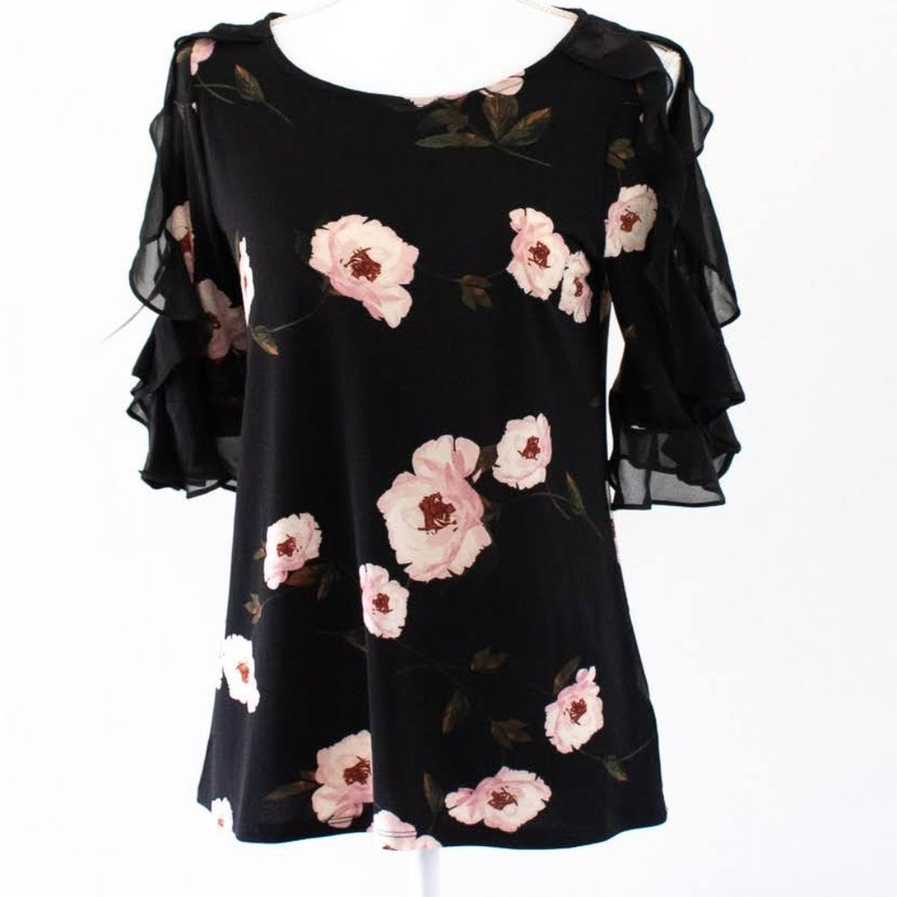 Worthington Black Floral Top w/ Flowy Sleeve- S